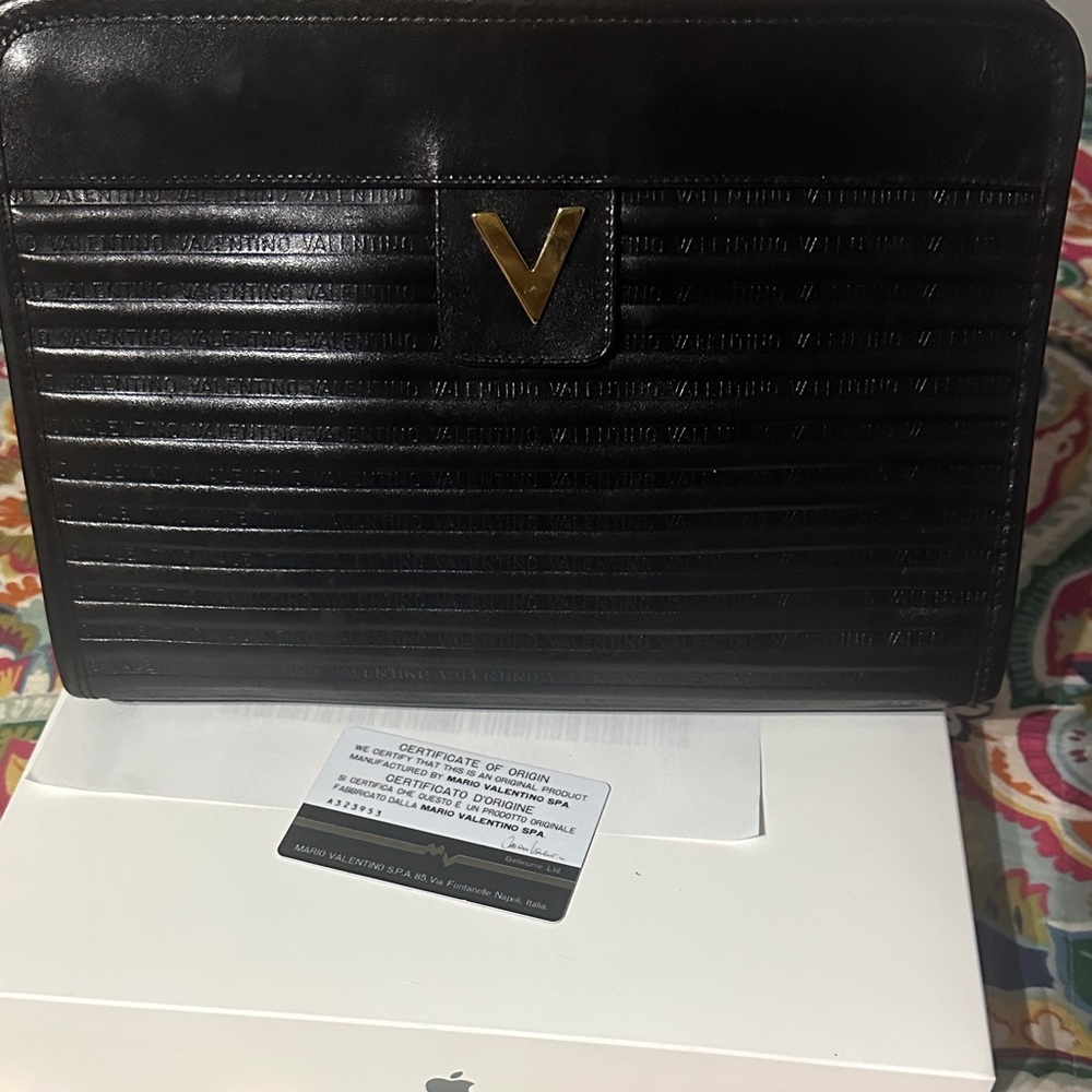 Mario Valentino Black Leather Clutch with Gold Logo